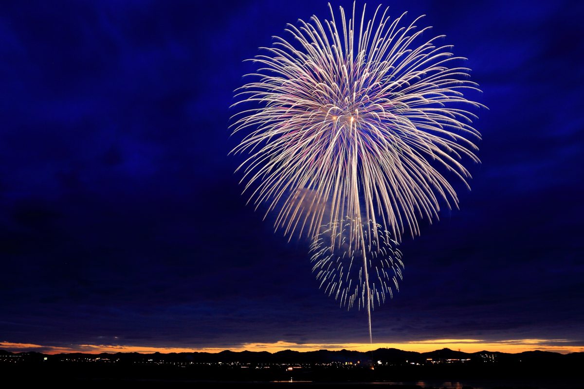 Fireworks burst against dark clouds — Vantage Robotics IPO Celebration