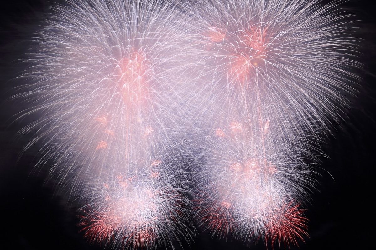 Twin symmetrical fireworks bursts — The Windham–Ellery Wedding