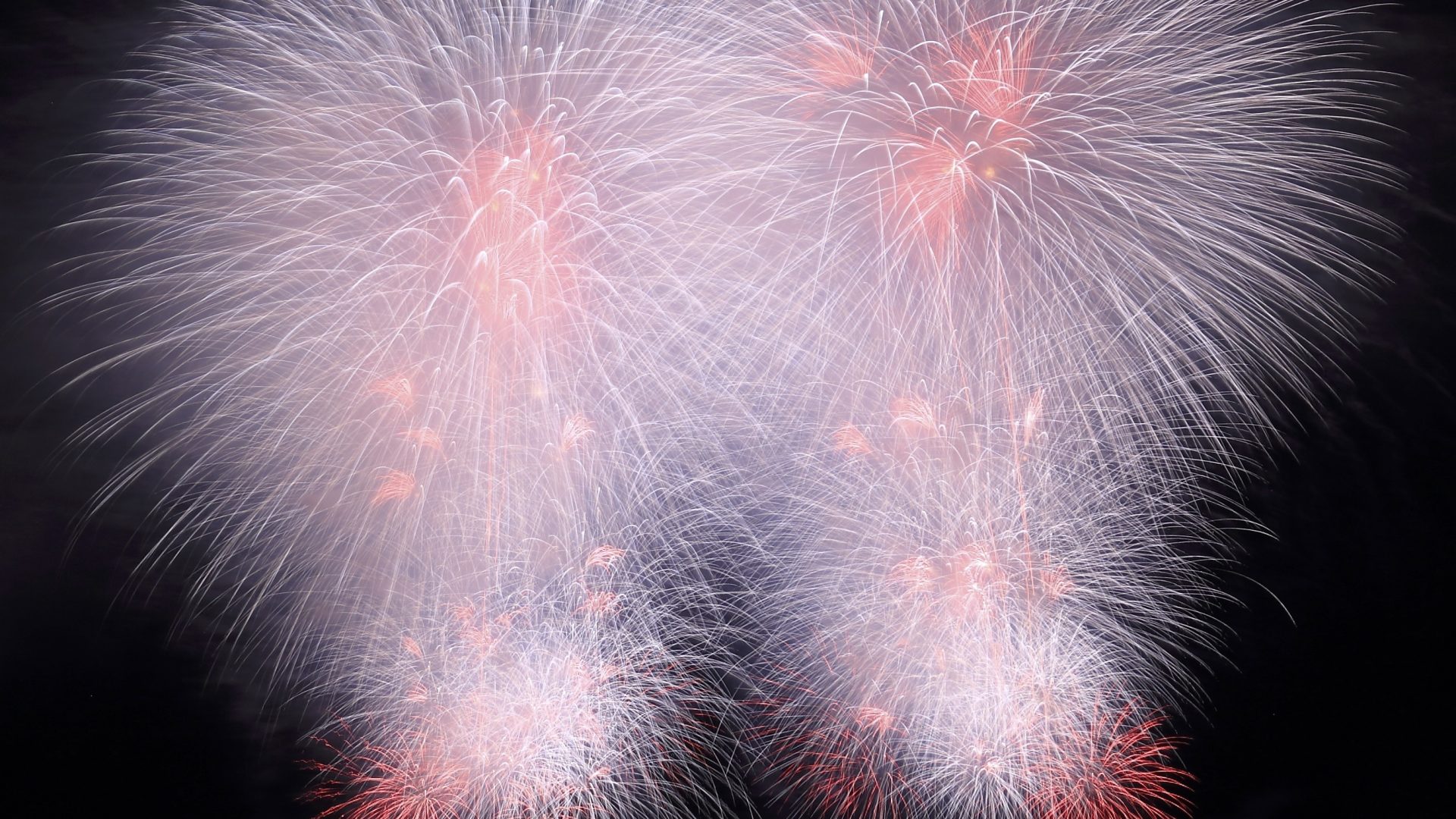Twin symmetrical fireworks bursts — The Windham–Ellery Wedding